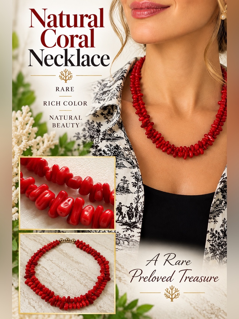 Natural Coral Necklace — Rich Red Color, Unique Double-Strand Statement Piece